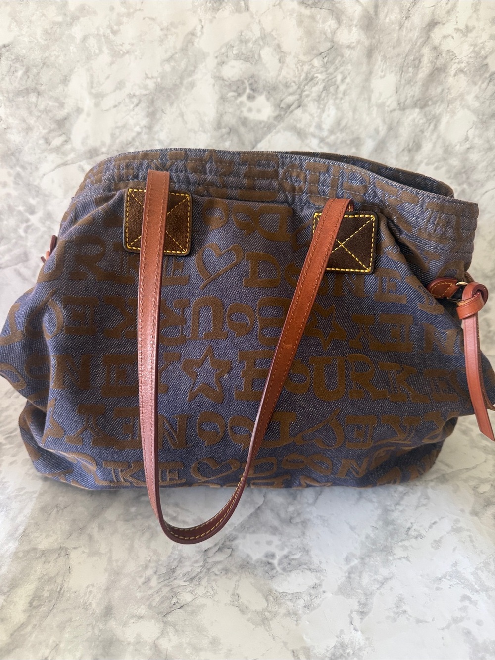 Dooney & Bourke Brown Logo Canvas Tote with Tan Leather Straps